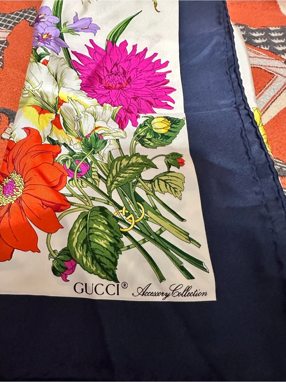 Gucci Floral Silk Scarf in White with Red, Yellow & Purple Blooms